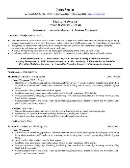 Retail Store Manager Resume